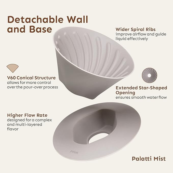 palatti Mist Porcelain Pour Over Coffee Dripper, Ceramic Pour Over Coffee Maker, Adapt to Conical 60 Degree Styles Cone Filters, Faster Flow Rate, Interchangeable Wall and Base, 1-4 cups