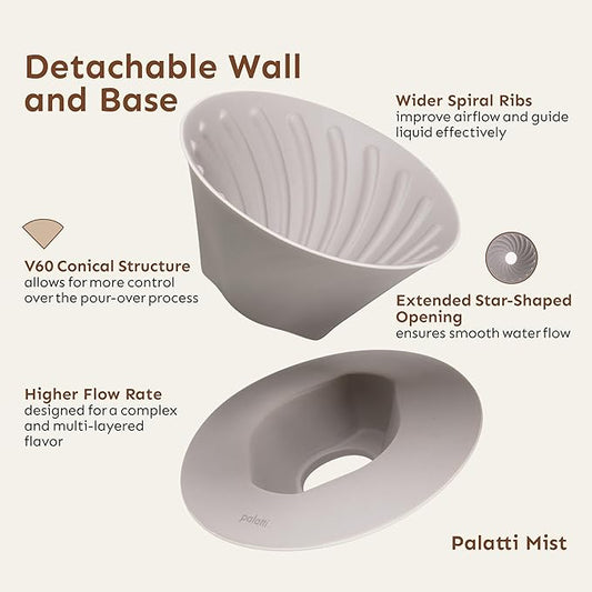 palatti Mist Porcelain Pour Over Coffee Dripper, Ceramic Pour Over Coffee Maker, Adapt to Conical 60 Degree Styles Cone Filters, Faster Flow Rate, Interchangeable Wall and Base, 1-4 cups