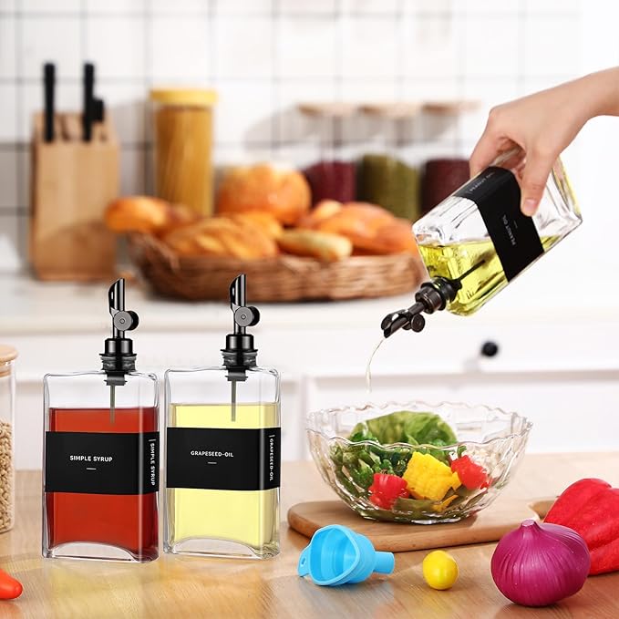 4 Pcs Olive Oil Dispenser for Kitchen, Glass Olive Bottles Oil Seasoning Bottle Set Coffee Syrup Soy Sauce Dispenser(Black,350 ml)