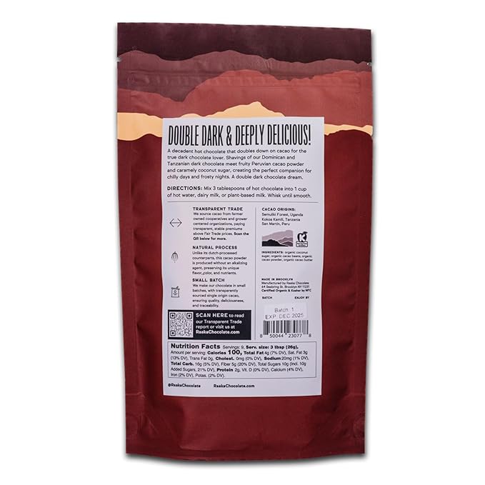 Raaka Double Dark Hot Chocolate Mix - Vegan, Organic, Gluten and Dairy Free - Lightly Sweetened Gourmet Hot Cocoa with Ethically Sourced Cacao - 8oz Bag Makes 9 Servings