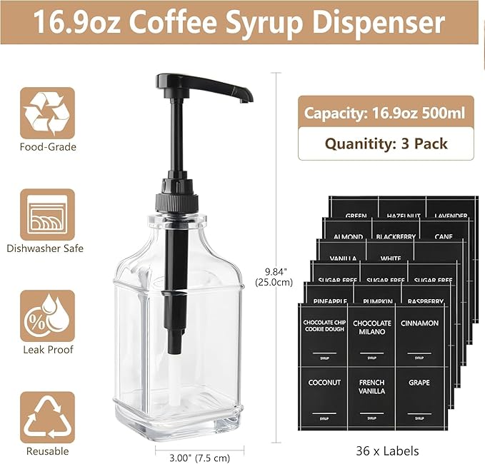 3 Pack 16.9oz (500ml) Glass Coffee Syrup Dispenser with Pump, Syrup Pump Dispenser for Coffee Bar, Coffee Syrup Bottles with Labels