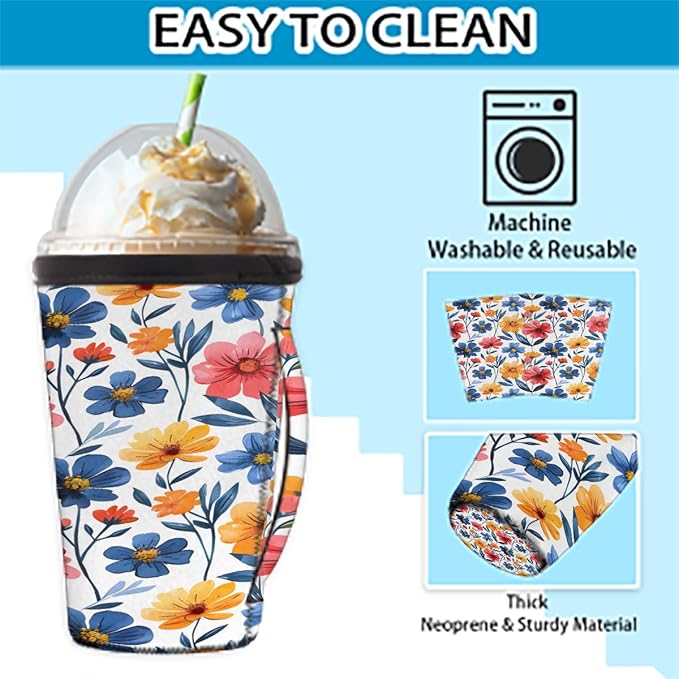 Reusable Iced Coffee Cup Sleeve Colorful Flowers Neoprene Insulated Sleeves Cup Holder with handle Idea for 24oz - 28oz
