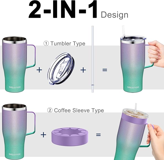 Universal Iced Coffee Sleeve with Handle - Insulated Double Wall Reusable Stainless Steel Holder Insulator for Cold Drinks Fits Small Medium Large To Go Cups Gifts for Men Women Him Her (Glitter)
