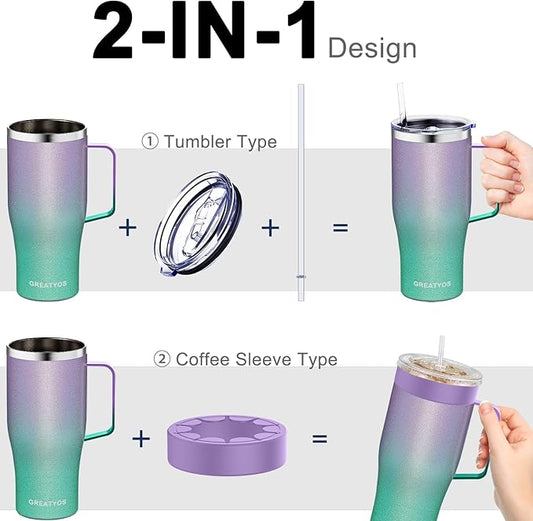 Universal Iced Coffee Sleeve with Handle - Insulated Double Wall Reusable Stainless Steel Holder Insulator for Cold Drinks Fits Small Medium Large To Go Cups Gifts for Men Women Him Her (Glitter)