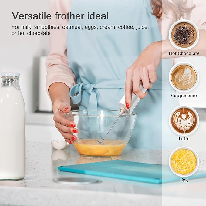 Portable Coffee Frother by ELMWAY, Battery Operated Electric Whisk, Mini Milk Frother Handled for Coffee, Latte, Matcha and Protein Powder - White