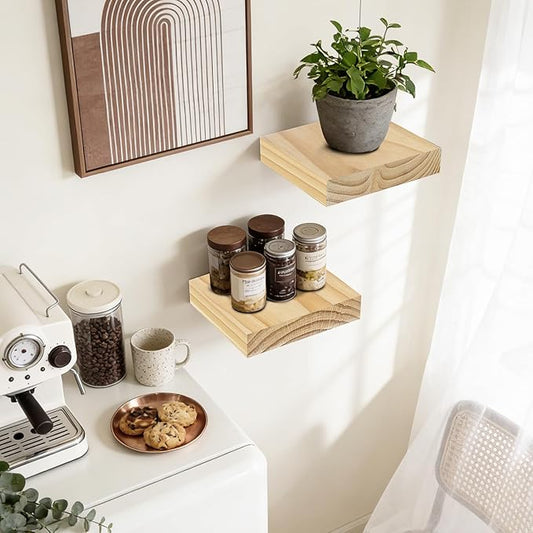 Floating Wall Shelves 6.8x6.8x1.7 Inch – Solid Wood Square Shelves in Natural Wood Finish – Rustic Mini Display Shelves for Entryway, Bathroom, Small Spaces – Set of 2