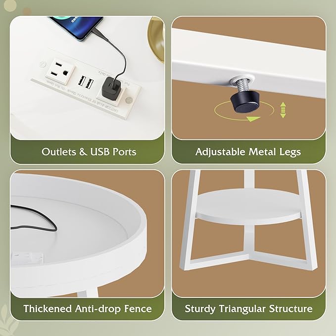 WLIVE Round End Table with Charging Station, Small Round Coffee Table, 2 Tier Side Table for Living Room/Bedroom, Sofa Couch, Wood Tabletop & Metal Frame, White