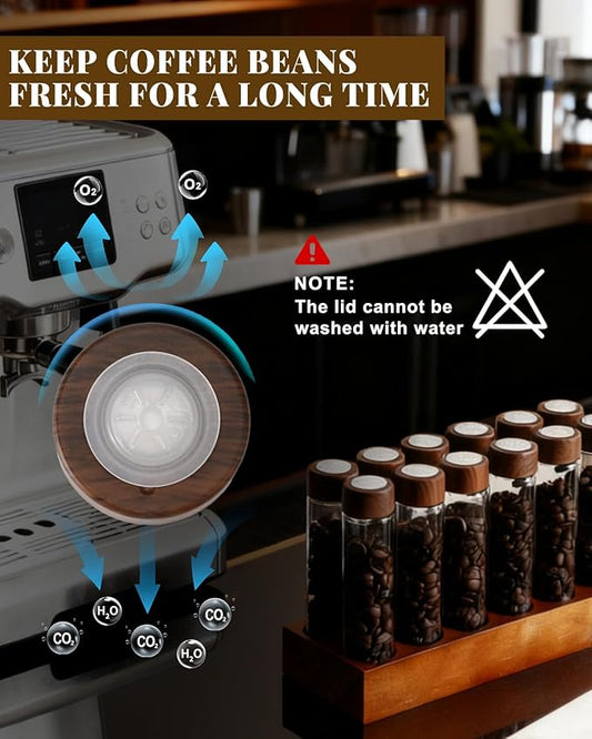 12 Pcs Single Dose Coffee Bean Storage Tubes, Coffee Bean Container for Espresso with One-Way Valve, Espresso Storage kit with Walnut Stand, Collapsible Silicone Funnel & Labels