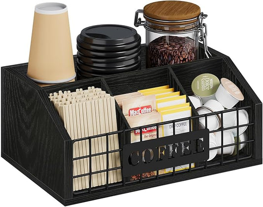 YINMIT Coffee Station Organizer for Countertop, Wood Coffee Bar Organizer with Removable Dividers for Pods, Syrup, Cups, Stirrer, Tea - Office Bar Accessories, Iron Wire-Black
