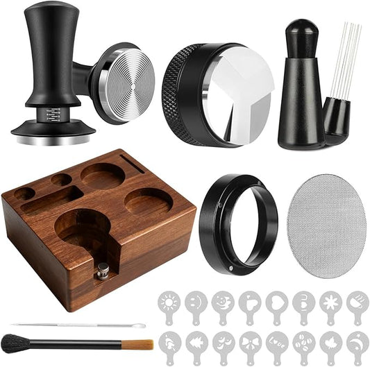 9 Pcs Espresso Accessories Kit, 54mm Espresso Tamper Tools, with Wooden Espresso Tamping Station, Distributor, Stirrer, Dosing Funnel,Puck Screen, Brush, Latte Art Pen and Decorative Stencils