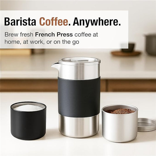 Camping French Press Coffee Maker Set - 12 oz | Portable Travel French Press Coffee Maker | Double Wall Insulated with Dual Stainless Filters & 2 Steel Canisters for Grounds, Tea, Creamer & Sugar