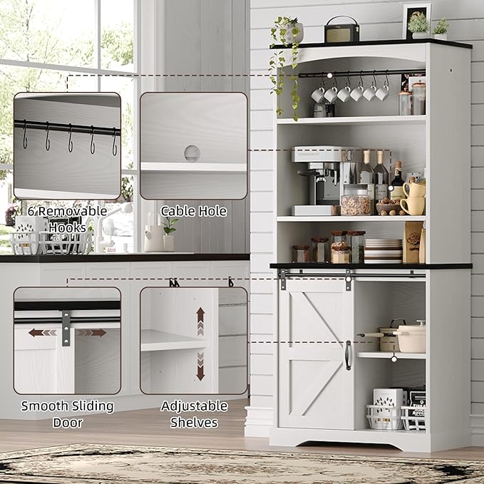 4ever2buy Farmhouse Tall Coffee Bar with Tall Hutch, Buffet Cabinet with Storage, 70 Inch Coffee Bar Cabinet with Sliding Barn Door and Adjustable Shelves for Living Dining Room, White