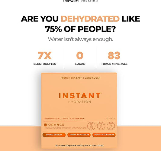 Instant Hydration Electrolytes Powder Packets - Citrus Orange Drink Mix - Zero Sugar - Keto, Vegan, Gluten-Free, Non-GMO - Boost Recovery, Brain Health, Muscle & Tissue Support- 30 Sticks
