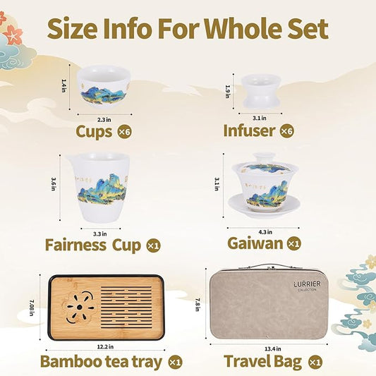 LURRIER Gongfu tea sets, Portable Ceramic TeaSet, Asian Tea sets for adult, Tea Gift sets, Grey leather case, Portable Travel Bag,Home,Gifting,Outdoor and Office(White Jade Thouand Mile and Mountain)