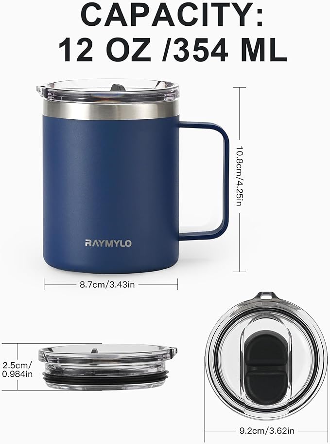 Insulated Coffee Mug 12 oz, Double Wall Stainless Steel Coffee Mug with Lids, Leak-Proof & Detachable Slider Lid for Thorough Clean, Keeps Coffee Cold for 9 Hrs, Suitable for Camp Home Office