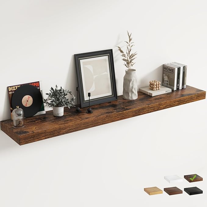 12" Deep Floating Shelves for Wall with Invisible Brackets, Wall Mounted Engineered Wood Shelves with Wood Grain for Living Room, Bedroom, Kitchen Decor and Storage, 72"L Set of 1, Rustic Brown