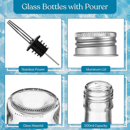 Baderke 8pcs 17oz Glass Long Neck Bottles Glass Pour Liquor Bottles Bar Juice Pour Syrup Bottle with Pourer & Caps Pourer Tapered Spout for Liquor Wine Juice Snowcone Syrup