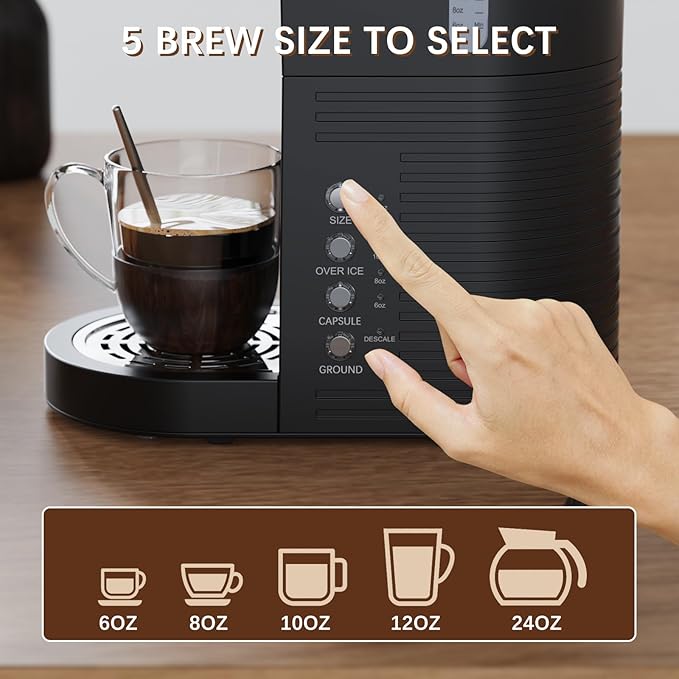 Brewmann Single Serve Hot & Iced Coffee Maker, for K Cup Pod and Grounds, 6 to 24oz Brew Size, Slim Compact for Small Spaces, Descaling Reminder, with Reusable Filters, Black