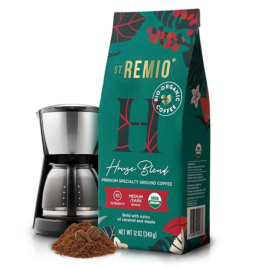 ST REMIO Ground Coffee House Blend 12 oz - Medium-Dark Roast, USDA Organic, Bio Organic, Bold Caramel And Maple Flavour, 100% Arabica Coffee Beans for Premium Specialty Drip Coffee