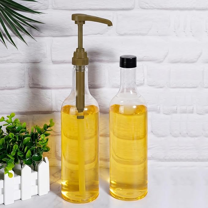 Maxdot 2 Pcs 25 oz Syrup Bottles with Pump Long Neck Bottles Plastic Syrup Pump Dispenser for Coffee Bar Accessories Home Party (Gold)