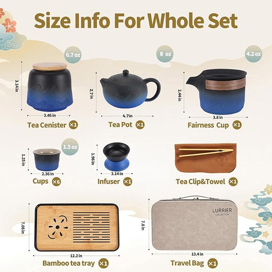 LURRIER Gongfu tea sets, Portable Ceramic TeaSet, Asian Tea sets for adult, Tea Gift sets, Grey leather case, Portable Travel Bag,Home,Gifting,Outdoor and Office(XBlack and Blue)