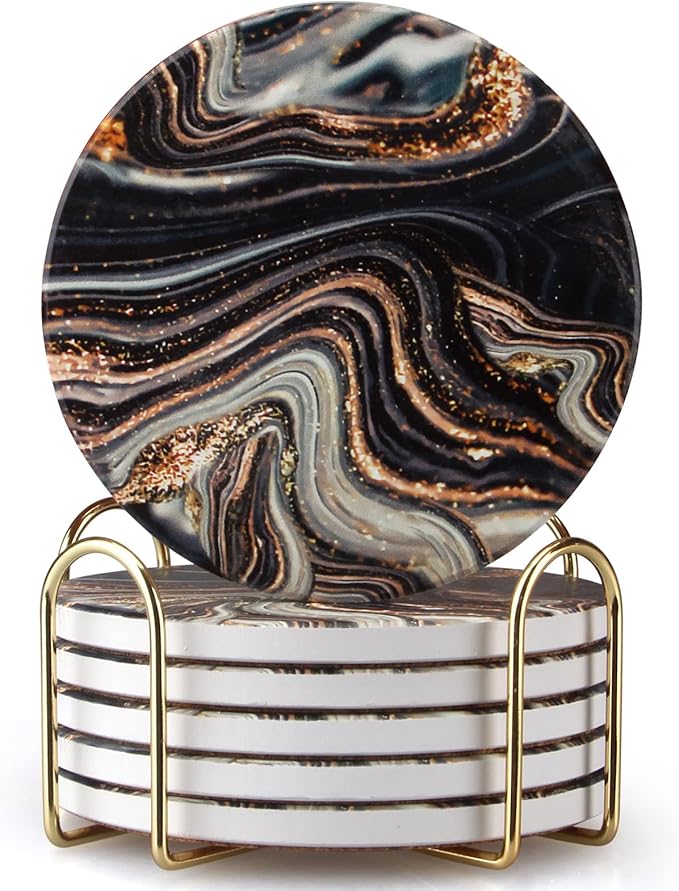 6 Pcs Black and Gold Marble Coasters with Holder Best Round Absorbent Coasters for Drinks, Coffee, Beer, Table Marble Personalized Coaster Sets