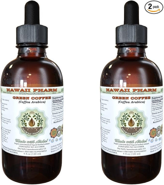 Hawaii Pharm Green Coffee Alcohol-Free Liquid Extract, Green Coffee (Coffea Arabica) Dried Bean Glycerite Natural Herbal Supplement 2x4 oz
