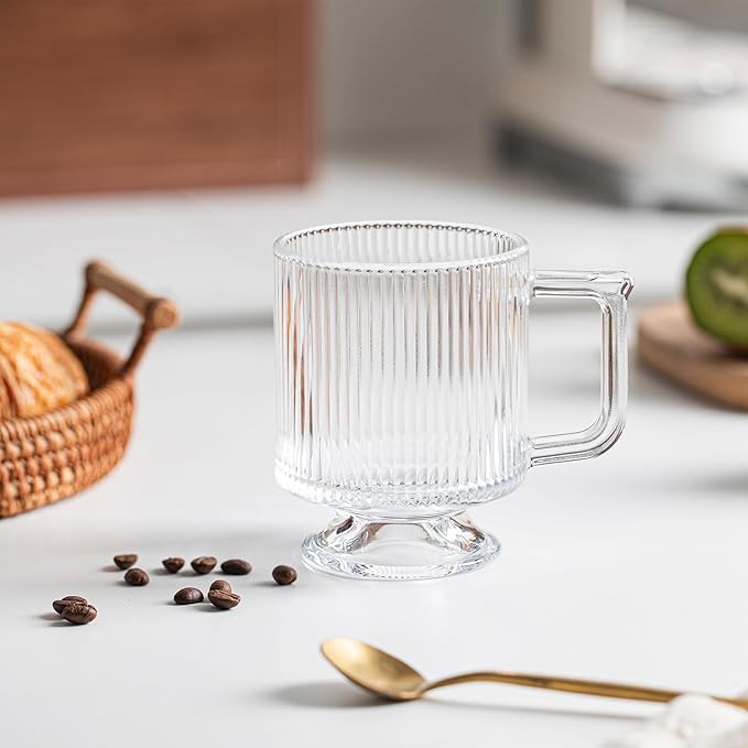 INSETLAN 6-Piece Ribbed Glass Coffee Mug Set, 10 oz Clear Glass Tea Cups with Handle, Modern Vertical Stripe Design for Everyday Drinks – Perfect for Coffee, Tea, Latte, Cappuccino, and More