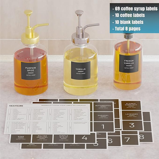 89 Coffee Syrup Labels for Coffee Bar Accessories, Minimalist Preprinted Coffee Stickers for Coffee Station, Essentials for Syrup Bottle & Dispenser Organization