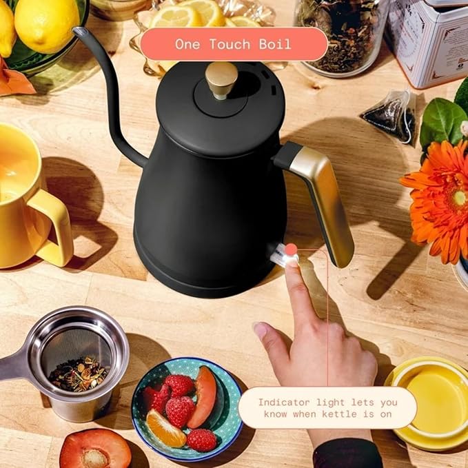 Electric Gooseneck Kettle 1 Liter 1200W, Stainless Steel, Pour Over Coffee Tea, Auto Shut-Off, 360° Cordless Power Base (Black Sesame)