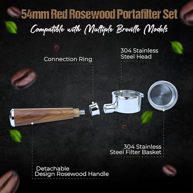 54mm Bottomless Naked Portafilter Red Rosewood Set – Compatible with 54mm Breville machines – Includes 18g Filter Basket, Calibrated Tamper with 30lbs Spring Loaded & 1.7mm Puck Screen