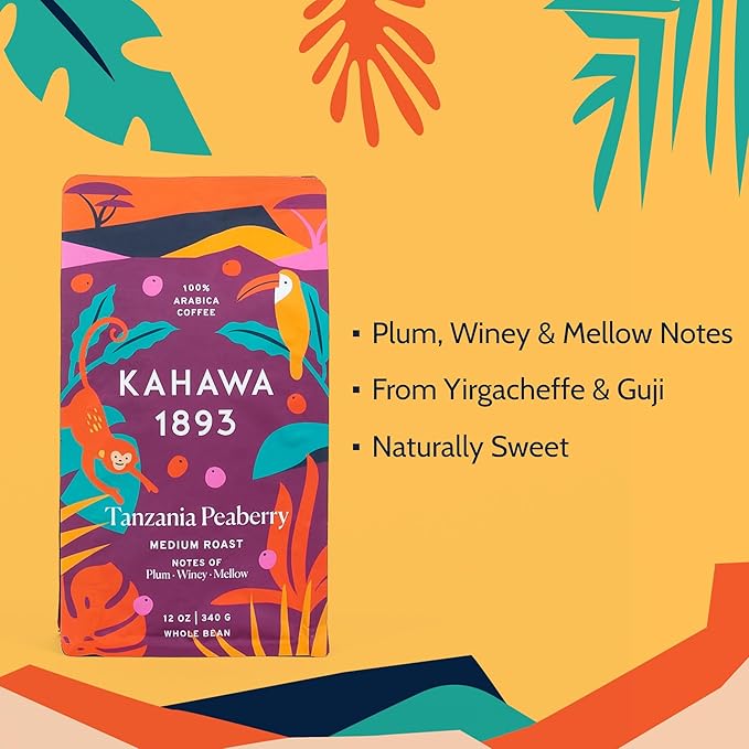 Kahawa 1893 Whole Bean Coffee Medium-Roast Tanzania Peaberry Blend 12 Oz - As Seen on Shark Tank, High Antioxidants, Naturally Sweet, Organically Grown, Ethically & Sustainably Sourced