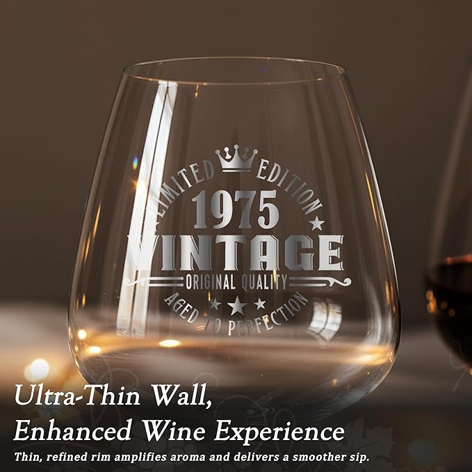 Crystal Burgundy Wine Glasses Cup Red Long Stem White Personalized Cute Large Women 50th Birthday Gifts for Her 50 Years Old Best 1975 Funny Cool Friend Gift Unique Birthday Party Decorations