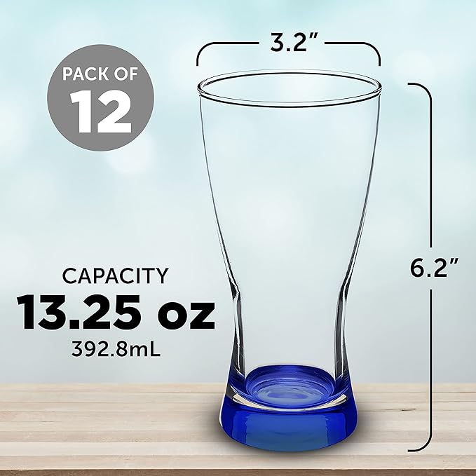 DISCOUNT PROMOS Pilsner Glasses 13.25 oz. Set of 12, Bulk Pack - Made in the USA, Perfect for Hotels, Restaurants, Bars and Even Party Favors - Blue