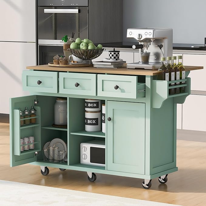 Rolling Kitchen Island with 2 Bar Stools, Drop Leaf, Cabinet Door Storage Racks & 3 Drawers, Mobile Kitchen Cart with Rubberwood Top & Locking Wheels for Dining Room & Kitchen, 53-Inch, Mint Green