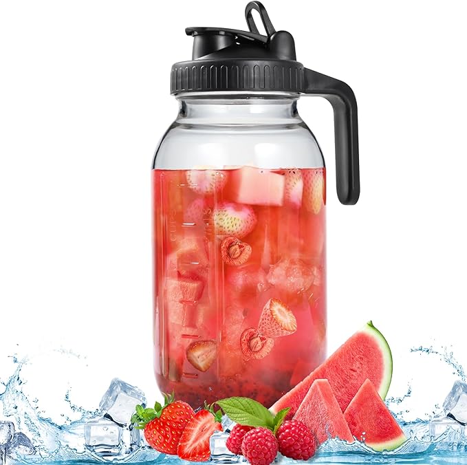 64OZ Glass Pitchers with Lid, Wide Mouth Water Jugs, Leak-Proof Airtight Mason Jars for Cold Brew Coffee, Iced tea, Milk, Food Storage, Sun Tea, Black