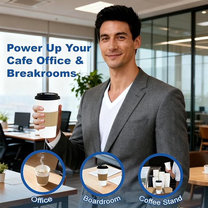 Coolcap 12 oz 500 Pack Coffee Cups with Lids and Sleeves, Straws, Hot Disposable To Go Travel Paper Cups Bulk for Office, Home Coffee Bar Accessories, Chocolate, Cocoa, Beverage (White)