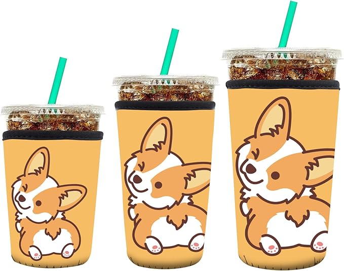 3 Pack Reusable Neoprene Insulator Sleeve for Iced Coffee Cups, Funny Coffee Cup Sleeves for 16-32oz Coffee cups, Cute Drink Sleeve for Cold Hot Beverages Cute Yellow Corige