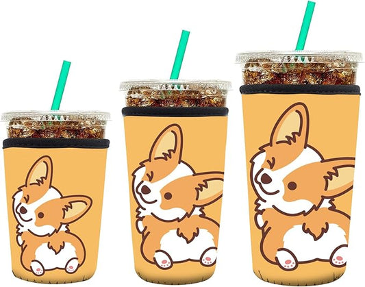 3 Pack Reusable Neoprene Insulator Sleeve for Iced Coffee Cups, Funny Coffee Cup Sleeves for 16-32oz Coffee cups, Cute Drink Sleeve for Cold Hot Beverages Cute Yellow Corige