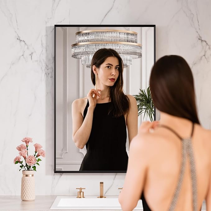 LOAAO Black Bathroom Mirror 24"X36" for Wall, Rectangle Bathroom Vanity Mirror, Hangs Vertically or Horizontally, Easy to Install, Modern Design