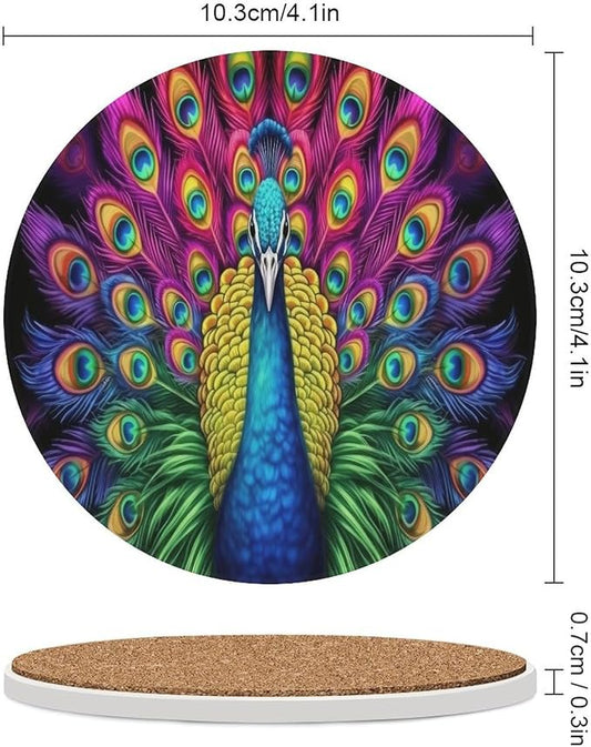 Round-6PCS Peacock Ceramic Coasters, Round Absorbent Drink Coasters, Vintage Country Beautiful Colorful Peacock Ceramic Table Coasters for Coffee, Beverage, Wine, Beer Coasters