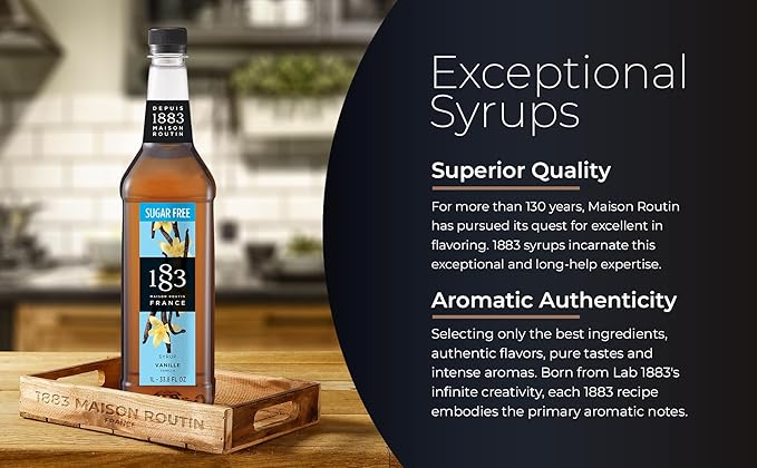 1883 Sugar Free Vanilla Syrup – Sugar Free Vanilla Coffee Syrup, Zero Calorie Beverage Mixer, Made in France, 1 Liter Plastic Bottle