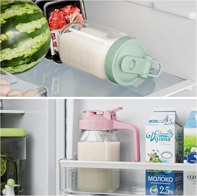 Breast Milk Pitcher - 32 oz Glass Mason Jar with Dual Leak-Proof Design, Airtight Seal, Pour Spout & Handle, Storage Container for Breastmilk, Iced Tea & Ice Drinks（Green）