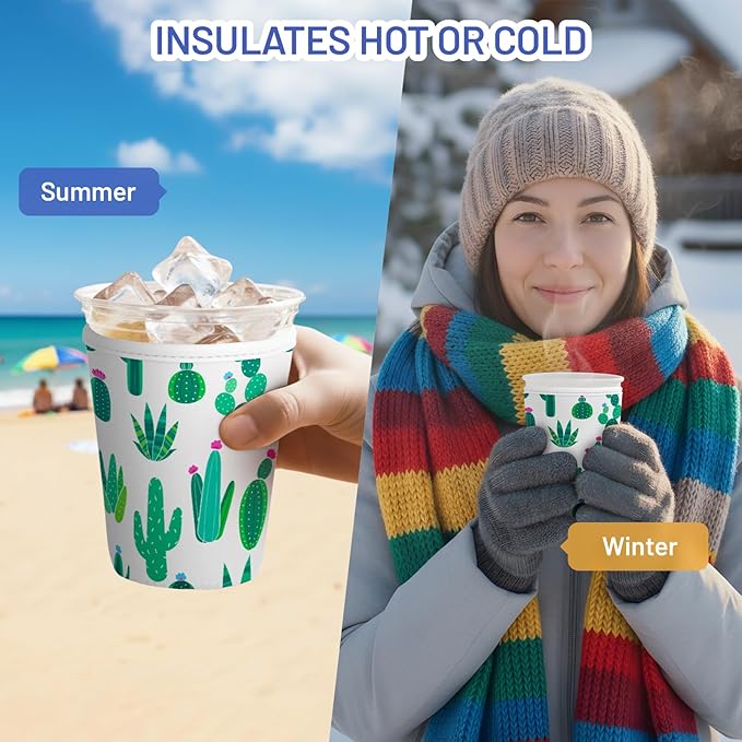Iced Coffee Sleeve Reusable Cup Sleeves for Cold Drinks Neoprene Koozie Cozy Plastic Cup Covers for Drinks, Cactus