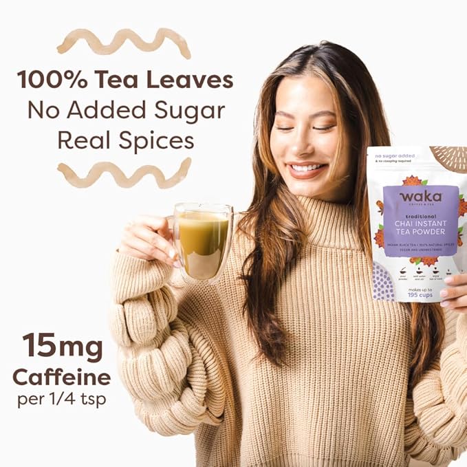 Waka Traditional Chai Tea Powder Mix - Chai Tea Concentrate Sugar Free, Pure Leaves from India, Natural Spices, Unsweetened, No Additives (4.5oz Pouch, 195 Servings)