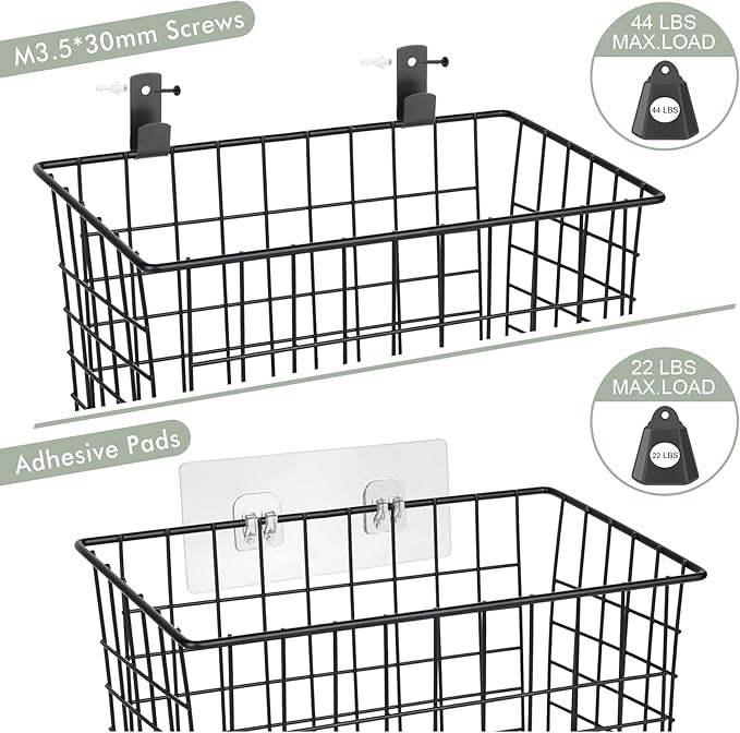 Wall Hanging Baskets 3 Pack, Diversified Wire Basket Shelves of Wooden Style, with Wall Mounted Hooks & Traceless Stickers, for Kitchen Coffee Bar Office Room Garage Storage Organization (Large)