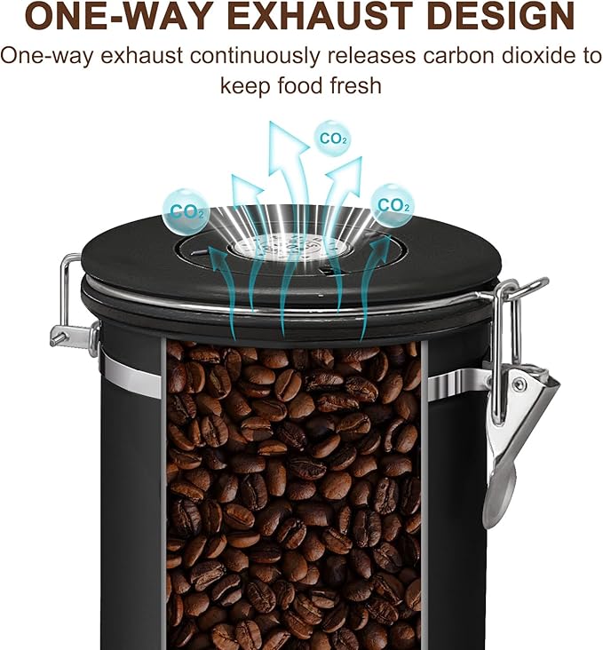 1.2L Airtight Vacuum Coffee Canister, Stainless Steel Storage Container for Coffee Beans and Grounds with Scoop.Suitable for coffee powder, coffee beans, rice, tea leaves, sugar, flour, and grains