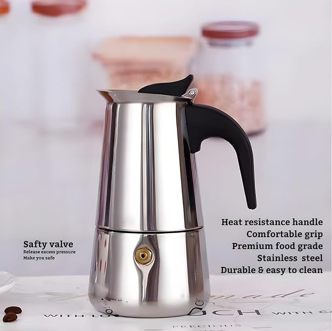 Stainless Steel Moka Pot Espresso Maker,Stovetop Moka Pot, Percolator Coffee Pot,Italian Coffee Maker,Cuban Café Brewing,Greca Coffee Maker (6 CUP)