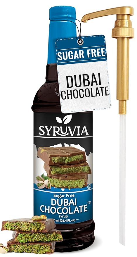 Syruvia Sugar Free Coffee Syrup, Dubai Chocolate Flavored Syrup for Drinks, Lattes, and Desserts – 25.4 fl oz, With Pump