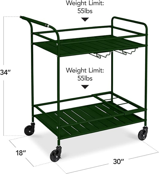 Best Choice Products Rolling Bar Cart, Mobile Home Bar Serving Cart, Serving Station w/ 2 Tier Shelves, Wine Rack, Lockable Wheels - Deep Green